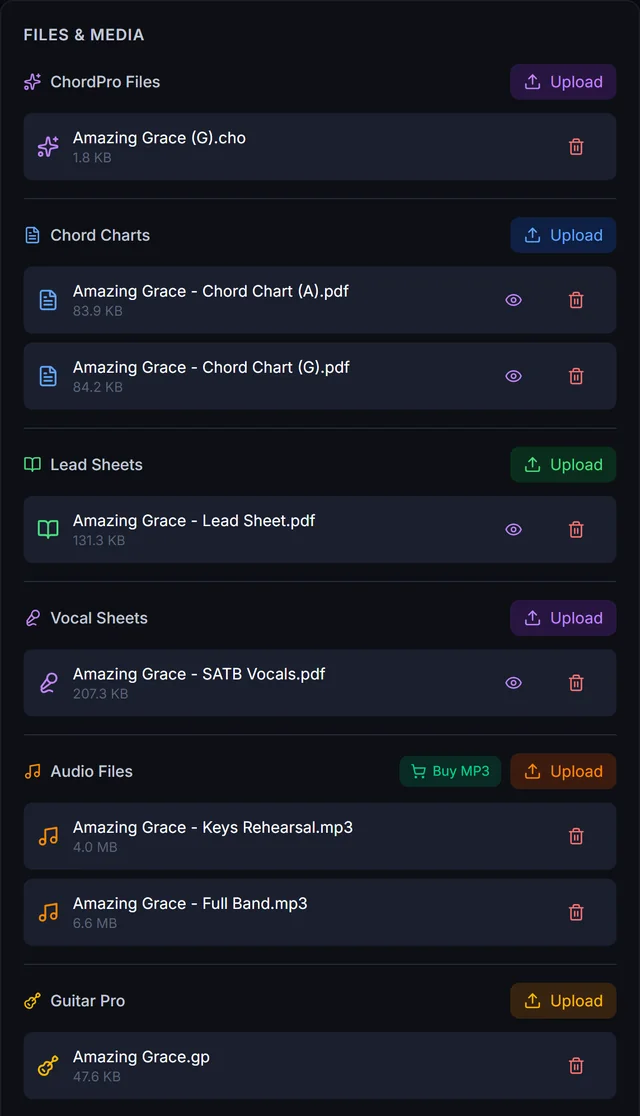 One song's Files and Media panel: a ChordPro file, two chord charts, a lead sheet, SATB vocal parts, two rehearsal recordings and a Guitar Pro file, each with an upload button.