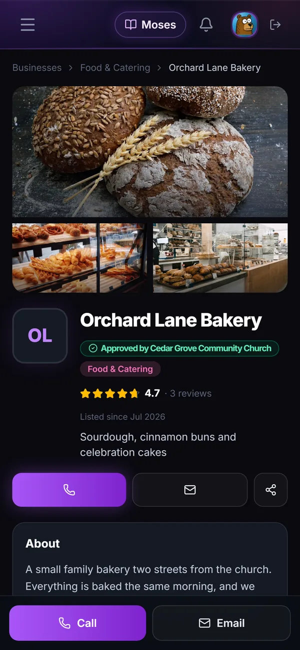 A bakery listing on a phone: photos, Approved by the church, 4.7 stars from 3 reviews, and Call and Email buttons.