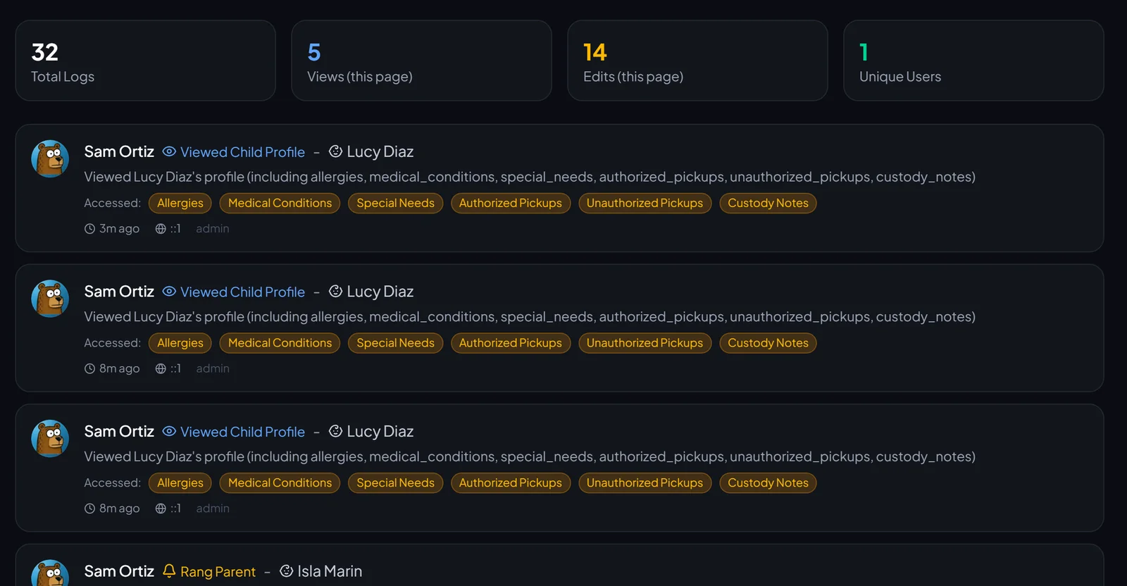 The access log: each time a leader viewed Lucy's record, with the parts they opened (allergies, medical conditions, who may collect), and a parent being paged.