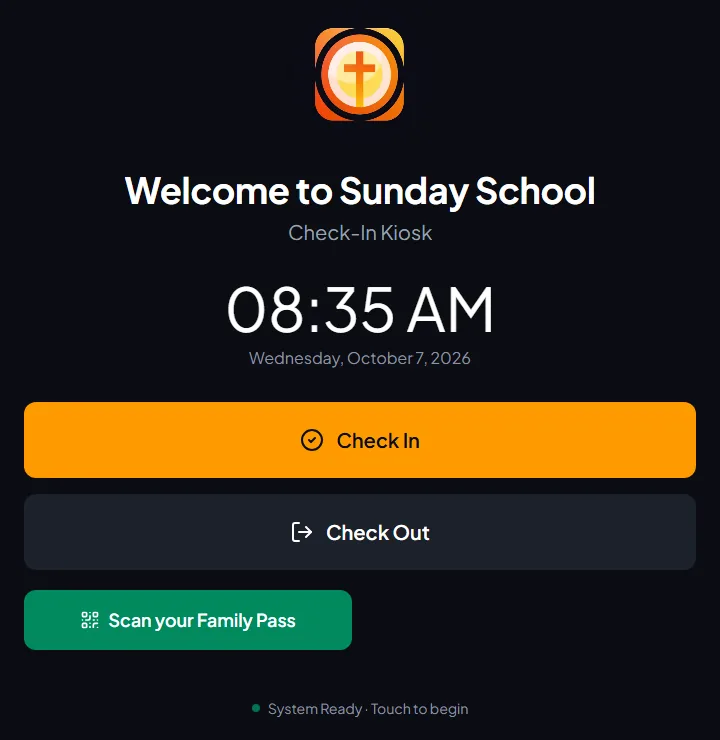 The check-in kiosk on a tablet: Welcome to Sunday School, the time, and buttons for Check In, Check Out and Scan your Family Pass.