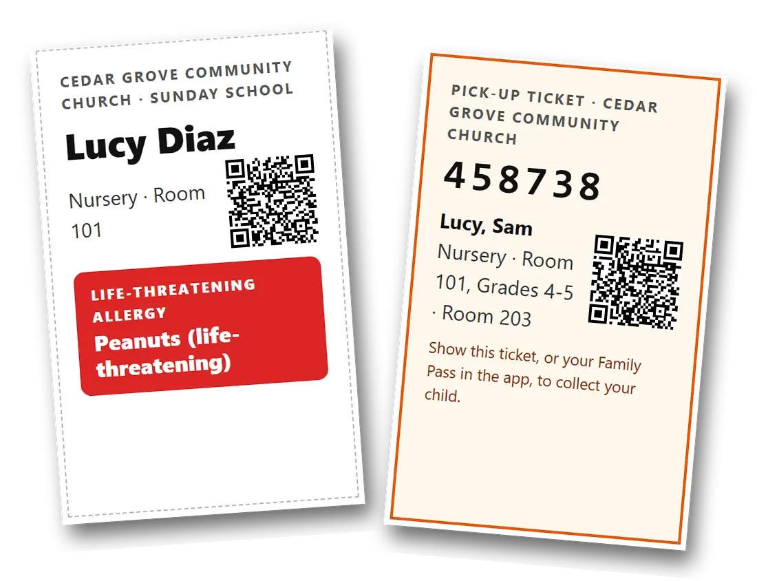Two printed labels: Lucy Diaz's sticker with a red band reading Life-threatening allergy: Peanuts, and the family's pick-up ticket with the code 458738 for Lucy and Sam.