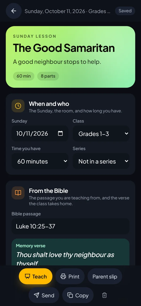 The Good Samaritan lesson on a phone: a good neighbour stops to help, 60 minutes in 8 parts, the Bible passage and the memory verse.