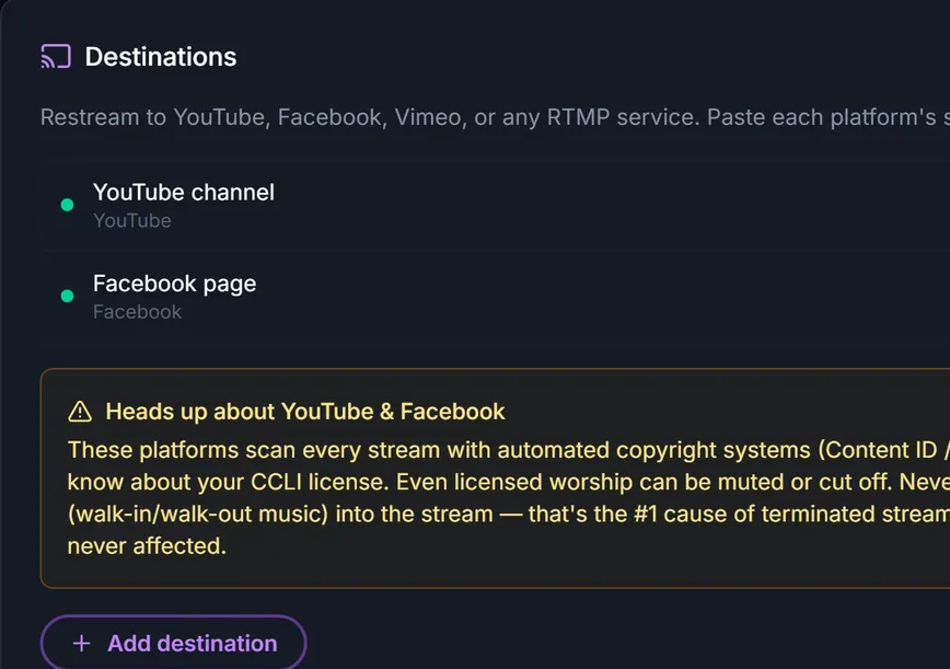 Streaming destinations: a YouTube channel and a Facebook page switched on, with a heads-up about copyright checks on those platforms.