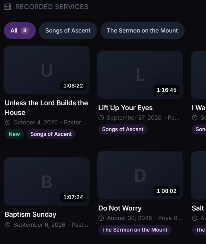 Recorded services: series filters and eight sermons with their length, date, speaker and series.