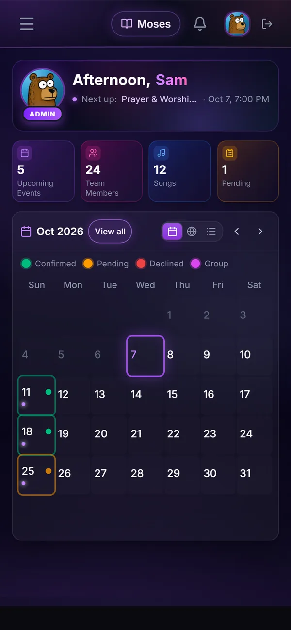 The dashboard on a phone with the month calendar showing which Sundays you serve.