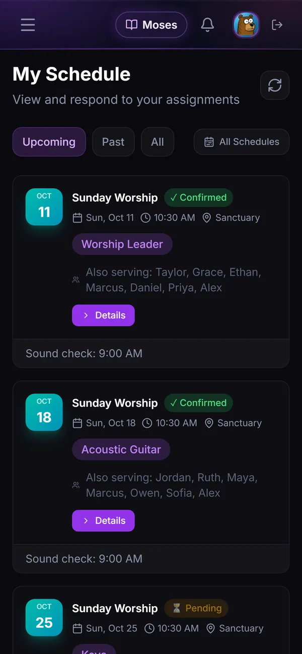 My Schedule on a phone: upcoming Sundays with the role, who else is serving and whether it is confirmed.