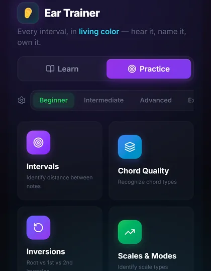 Ear Trainer practice: intervals, chord quality, inversions and more.