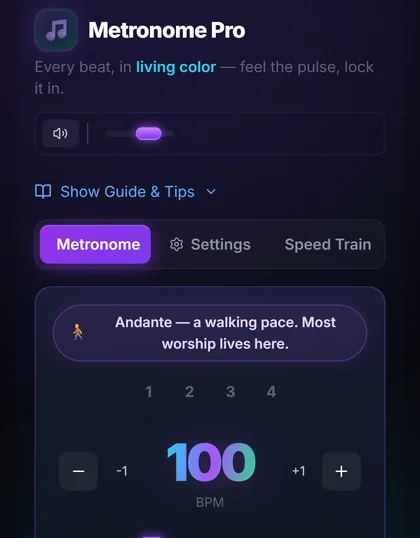 Metronome Pro at 100 BPM with a walking-pace hint.