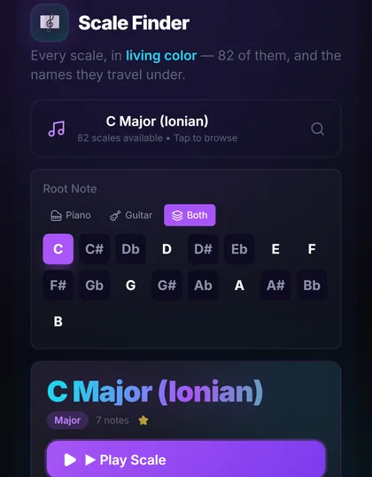 Scale Finder showing C major across piano and guitar.