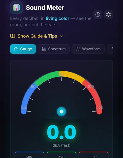 Sound Meter gauge for the room's volume in decibels.